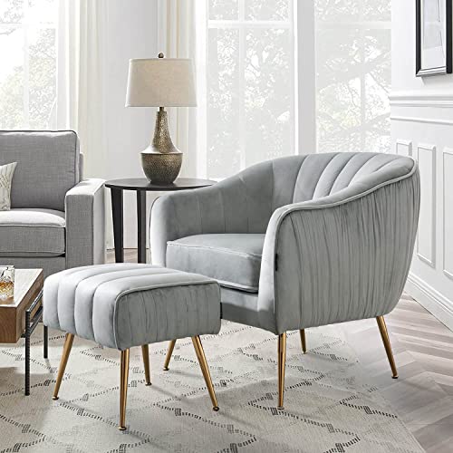 Altrobene Velvet Accent Chair with Ottoman, Modern Arm Barrel Chair and Ottoman for Living Room Bedroom, Golden Finished, Grey