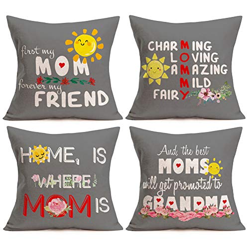 Aremetop Pack of 4 Mothers Day Pillow Covers Grey Style Mommy Sunshine Quote with Beautiful Flowers Leaves Cotton Linen Throw Pillow Case Cushion Cover 18x18 Inch for Sofa Bedding,Mom Birthday Gifts