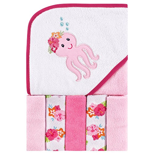 Unisex Baby Hooded Towel with Five Washcloths, Tropical Octopus, Pink