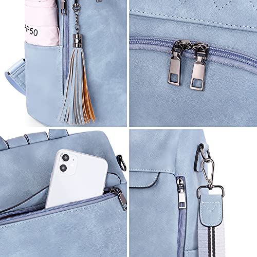 BROMEN Backpack Purse for Women Leather Anti-theft Travel Backpack Fashion Shoulder Bag Retro Blue