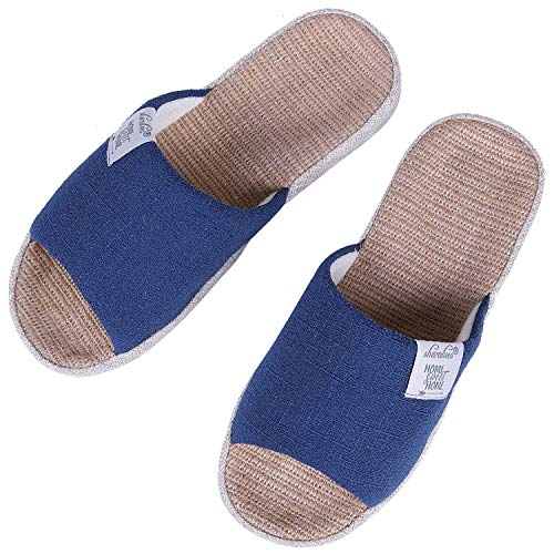 Shevalues Summer House Slippers for women Arch Support Linen Indoor Shoes with Home Sweet Home Quotes, Navy 35-36