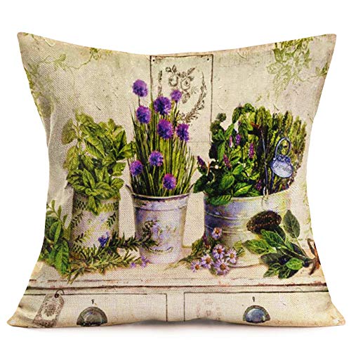 Fukeen Set of 4 Vintage Flower Throw Pillow Covers Cotton Linen Rose Lavender Decorative Pillow Cases Cushion Covers Rustic Home Garden Decor Square 18x18 Inches Pillowslips