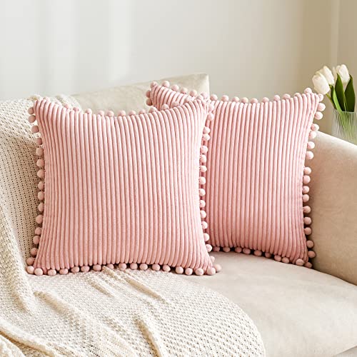 MIULEE Boho Decorative Throw Pillow Covers with Pom-poms, Soft Corduroy Square Solid Lumbar Cushion Cases for Spring Couch Sofa Bedroom, 18x18 inch Pink