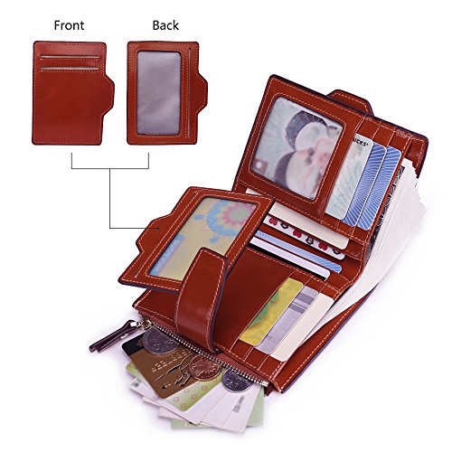 AINIMOER Women's RFID Blocking Leather Small Compact Bi-fold Zipper Pocket Wallet Card Case Purse (Waxed Sorrel)