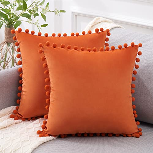 Set of 2 Soft Velvet Solid Pillow Cushion Covers w/Pom Poms, 18 x 18 Inches  (31 colors)