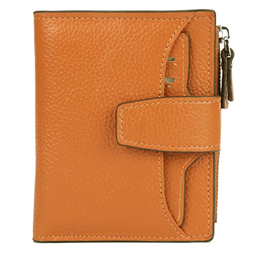 AINIMOER Women's RFID Blocking Leather Small Compact Bi-fold Zipper Pocket Wallet Card Case Purse with id Window (Lichee Orange)