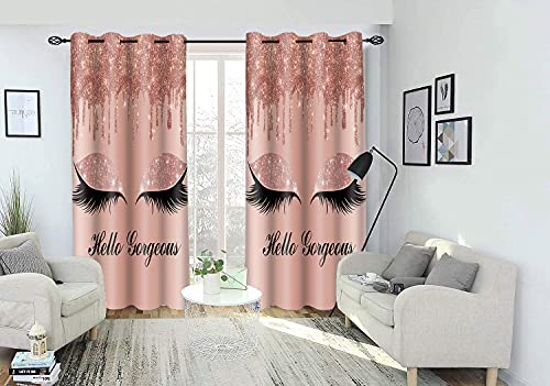 BSPPTI Hello Gorgeous Unicorn Eyelash Print Curtain, Room Darkening Thermal Insulated Blackout Rose Gold Drips Window Drapes with Grommets for Living, Bedroom, 52"x 63", Set of 2 Panels, CLLSSP20