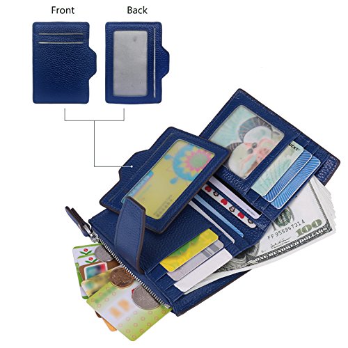 AINIMOER Women's RFID Blocking Leather Small Compact Bi-fold Zipper Pocket Wallet Card Case Purse (Lichee Blue)