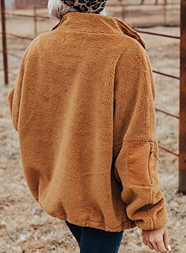 BTFBM Women Long Sleeve Full Zip Jackets Casual Solid Color Loose Fleece Short Teddy Coats Jacket Outerwear With Pockets(Solid Brown, Medium)