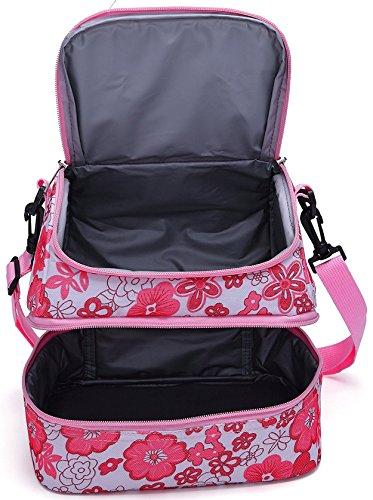 MIER Double Decker Insulated Adult Lunch Box w/Shoulder Strap - Pink and Caboodle