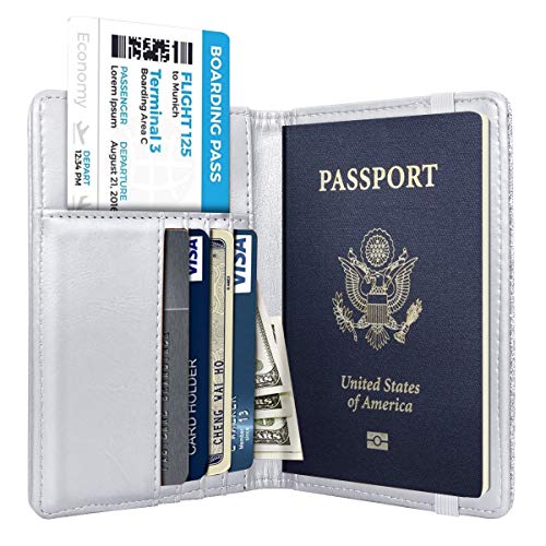 Passport Holder Cover Women's Travel Wallet RFID Blocking Cute Slim Passport Wallet with Elastic Band, Silver