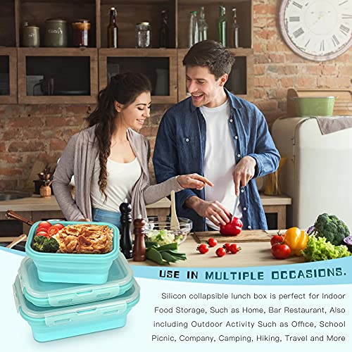 Keweis Silicone Lunch Box, Collapsible Folding Food Storage Container with Lids, Kitchen Microwave Freezer and Dishwasher Safe Kids, Set of 3 - Square Blue