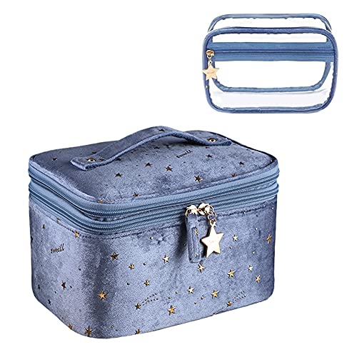 HOYOFO Velvet Makeup Bag for Women Double-layer Travel Cosmetic Case Set of 2 Make up Bags with Handle/Brush Holder (F-Blue Set)