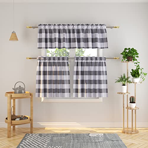 NATUS WEAVER 3 Pc Cotton Classic Country Farmhouse Kitchen Window Curtain -Grey & White Buffalo Check Tier & Valance Set, 54