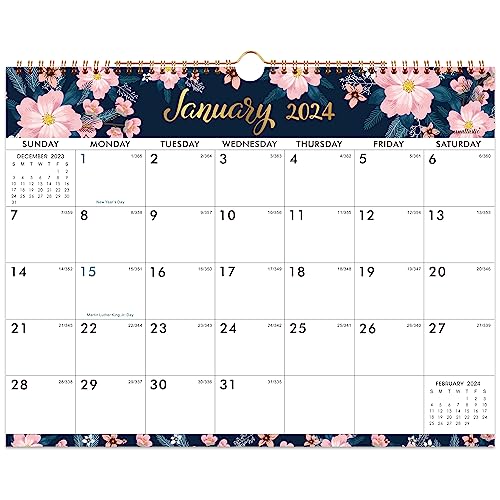 Calendar 2024 - Wall Calendar 2024, JAN. 2024 - DEC. 2024, 15'' x 11.5'', 2024 Wall Calendar, 12 Month with Thick Paper, Twin-Wire Binding & Blocks, Perfect for School, Office & Home Planning - Blue-Pink Floral