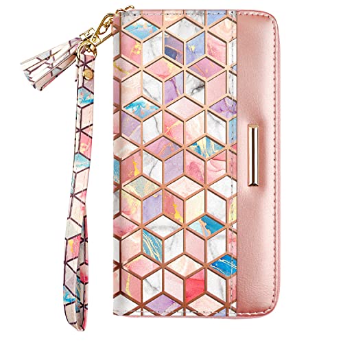 RFID Blocking Clutch Wallet w/Wrist Strap and Tassel, Colorful Gold Marble