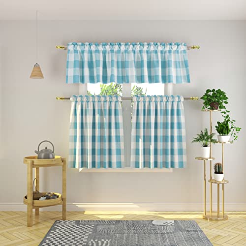 NATUS WEAVER 3 Pc Cotton Classic Country Farmhouse Kitchen Window Curtain - Sky Blue & White Buffalo Check Tier & Valance Set, 54" x 18" / 27" x 30"