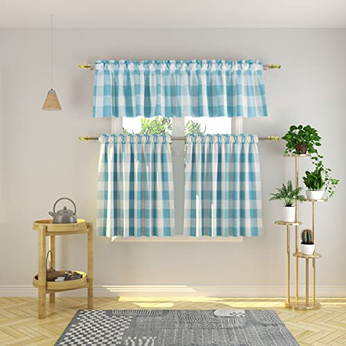NATUS WEAVER 3 Pc Cotton Classic Country Farmhouse Kitchen Window Curtain - Sky Blue & White Buffalo Check Tier & Valance Set, 54