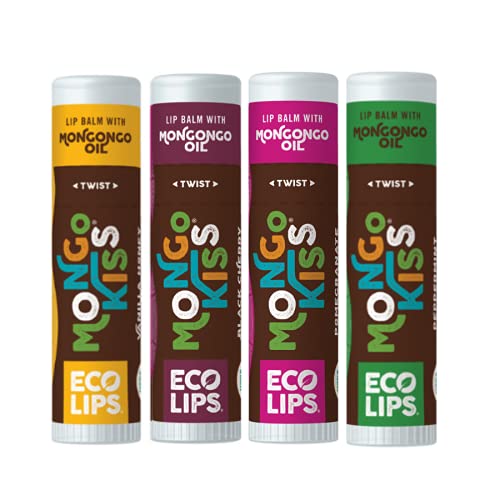 Eco Lips Mongo Kiss Organic Lip Balm 4 Pack Peppermint, Pomegranate, Vanilla Honey, Black Cherry - 100 Percent USDA Organic - Soothe, Moisturize Dry, Cracked and Chapped Lips - Made in USA