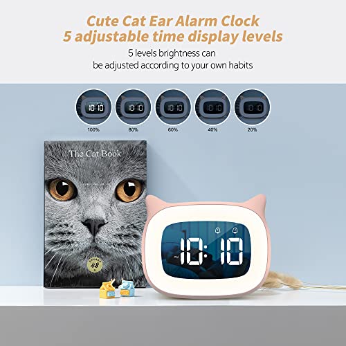 SMOUPING Kids Alarm Clock with Night Light Stepless Dimming,Cute Cat Ear Digital Clock for Boys and Girls,5 Minute Alarm,Ok to Wake Up Children(Pink)