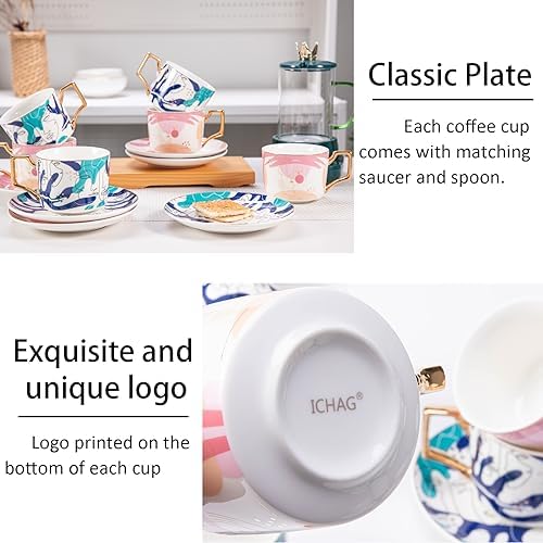 ICHAG Cups and Saucers Set of 6, Coffee Mugs, Tea Cups Set with Bowknot, Tea Set, 18-piece, Cup with 8.4oz, Golden Spoon, For Tea Party, Christmas Gifts, Gifts for Home Office