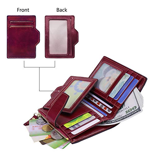 AINIMOER Women's RFID Blocking Leather Small Compact Bi-fold Zipper Pocket Wallet Card Case Purse (Waxed Wine)