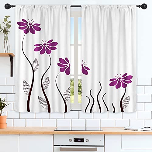 Riyidecor Purple Flower Kitchen Curtains 55 x 39 Inch Floral Petals Rod Pocket Leaf Lines Woman Girl White Plant Silhouettes Printed Living Room Bedroom Window Drapes Treatment Fabric 2 Panels WW-TGNA