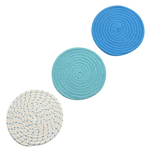 Kitchen Pot Holders Set Trivets Set 100% Pure Cotton Thread Weave Hot Pot Holders Set (Set of 3) Stylish Coasters, Hot Pads, Hot Mats, Spoon Rest for Cooking and Baking by Diameter 7 Inches (Blue)