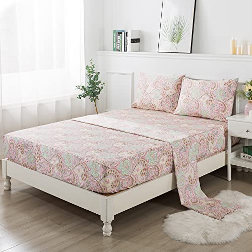 Pink & Green Paisley 4-Pc Deep Pocket Cotton Bed Sheet Set  (6 sizes)