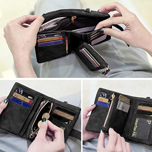 Womens Small Bifold Leather Wallets Rfid Ladies Wristlet with Card slots id window Zipper Coin Purse (Black)