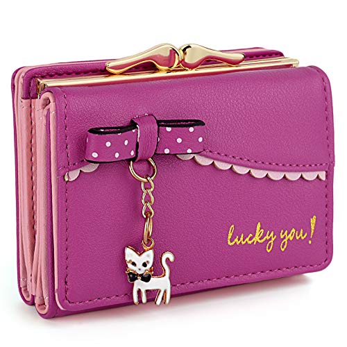 UTO Women's Trifold Wallet Cute Kitty Bowknot Card Holder Small Coin Purse Rose Red