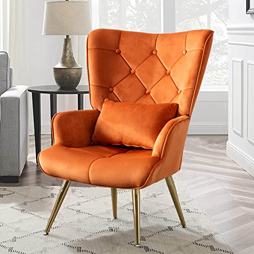 Altrobene Modern Accent Chair, Velvet Lounge Chair, Living Room/Bedroom Arm Chair with Pillow, Button Tufted, Golden Finished, Caramel