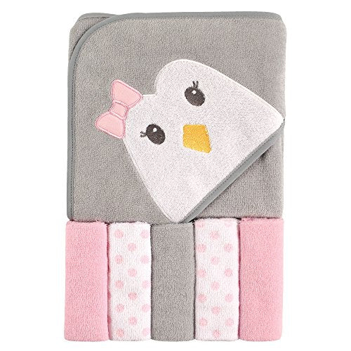 Unisex Baby Hooded Towel with Five Washcloths, Pink Penguin