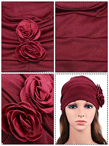 6 Pieces Women Turban Flower Caps Elastic Beanie Headscarf Vintage Headwrap Hat (Neutral Colors)