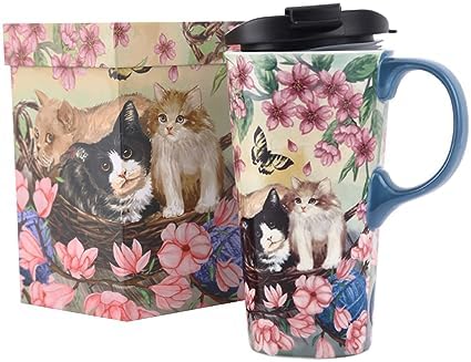 17oz Ceramic Hot/Cold Coffee or Tea Tall Travel Mug w/Lid & Matching Gift Box, Flowers and Kittens