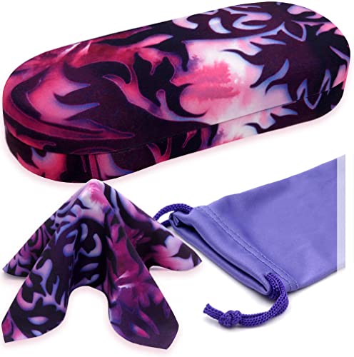 MyEyeglassCase Glasses case Hard Shell - Eyeglass Case Medium Frames in Water Color Damask Print Small Sunglasses case with Microfiber Pouch and Cloth ( AS166L Purple Damask)