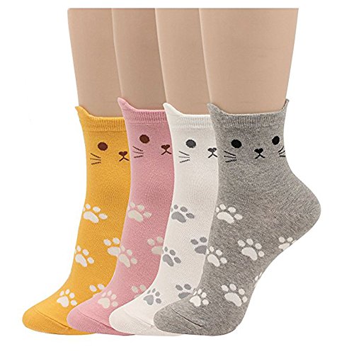 OKIE OKIE Womens Cat Socks - Crazy Cute Animal Dog Owl Print Crew Novelty Fun Funny Gifts (Animal - Cat Foot Print 4pcs)