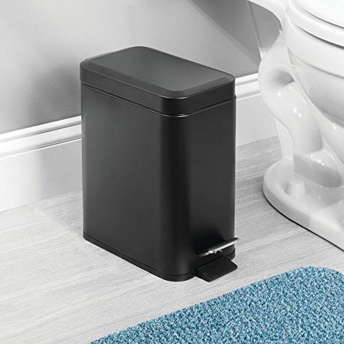 mDesign Small Modern 1.3 Gallon Rectangle Metal Lidded Step Trash Can, Compact Garbage Bin with Removable Liner Bucket and Handle for Bathroom, Kitchen, Craft Room, Office, Garage - Black