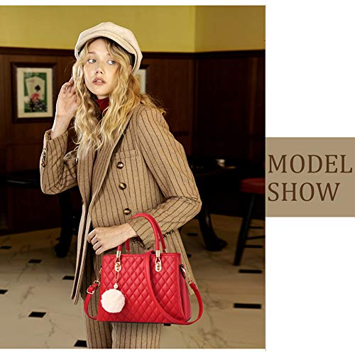 I IHAYNER Womens Leather Handbags Purses Top-handle Totes Satchel Shoulder Bag for Ladies with Pompon Brown