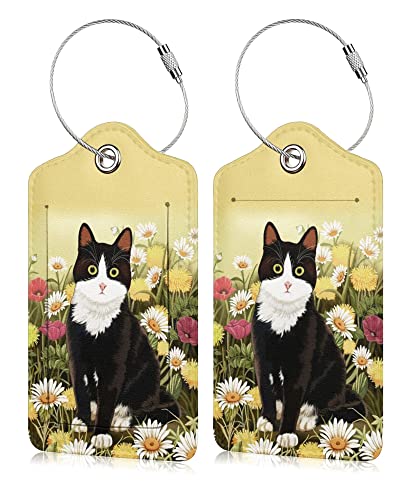 Black Cat & Daisies Leather Luggage Suitcase Travel Bag Tags, Set of 2
