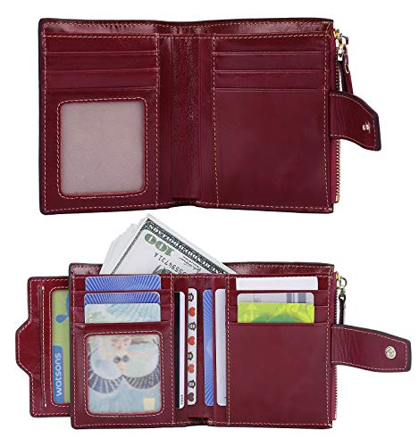 AINIMOER Women's RFID Blocking Leather Small Compact Bi-fold Zipper Pocket Wallet Card Case Purse (Waxed Wine)