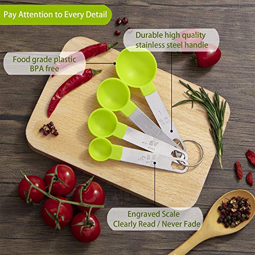 Measuring Cups and Spoons Set of Huygens Kitchen Gadgets 8 Pieces, Stackable Stainless Steel Handle Measuring Cups for Measuring Dry and Liquid Ingredient (Green)