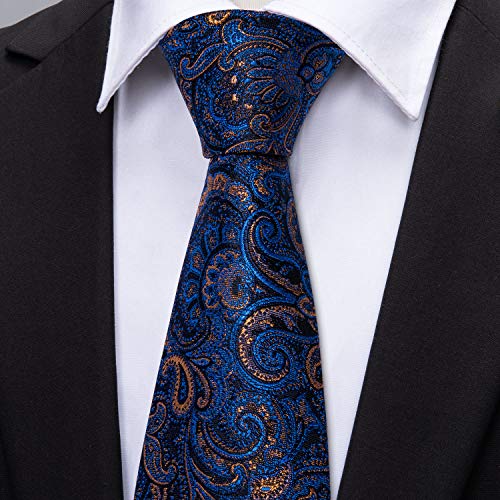 Barry.Wang Mens Paisley Tie Silk Jacquard Navy Blue Wedding Formal Business Neckties and Pocket Square Set Cufflinks