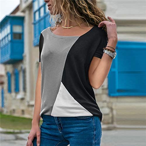 Sarin Mathews Womens Shirts Casual Tee Shirts Short Sleeve Patchwork Color Block Loose Fits Tunic Tops Blouses Grey+Black 2XL