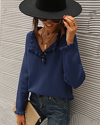 BTFBM Women's Sweaters Casual Long Sleeve Button Down Crew Neck Ruffle Knit Pullover Sweater Tops Solid Color Striped (Solid Bright Blue, Medium)