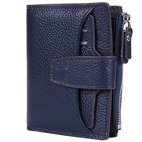 AINIMOER Women's RFID Blocking Leather Small Compact Bi-fold Zipper Pocket Wallet Card Case Purse (Lichee Navy Blue)