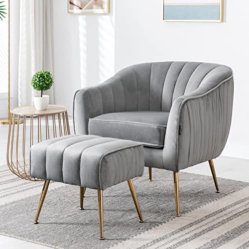 Altrobene Velvet Accent Chair with Ottoman, Modern Arm Barrel Chair and Ottoman for Living Room Bedroom, Golden Finished, Grey