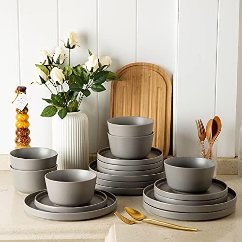 AmorArc Ceramic Dinnerware Sets of 4, Modern Flat Stoneware Plates and Bowls Sets,Chip and Crack Resistant | Dishwasher & Microwave Safe Dishes Set,Scratch Resistant- Service for 4 (12pc)-Matte Pink