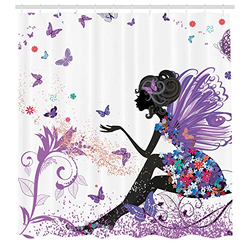 Ambesonne Fantasy Shower Curtain, Spring Girl Wings in a Floral Dress Surreal Garden Butterflies Print, Cloth Fabric Bathroom Decor Set with Hooks, 69" W x 70" L, Fuchsia White