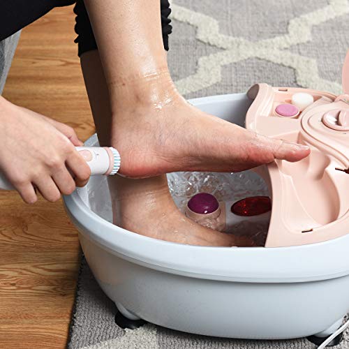 Giantex Foot Bath Massager Spa, Warm Heat Bubbles 4-Head Electric Handheld Pedicure Scrubber Removable Cover Vibration Massage, Double-Layer Barrel Non-Cracking Foot Baths w/Callus Remover (Pink)